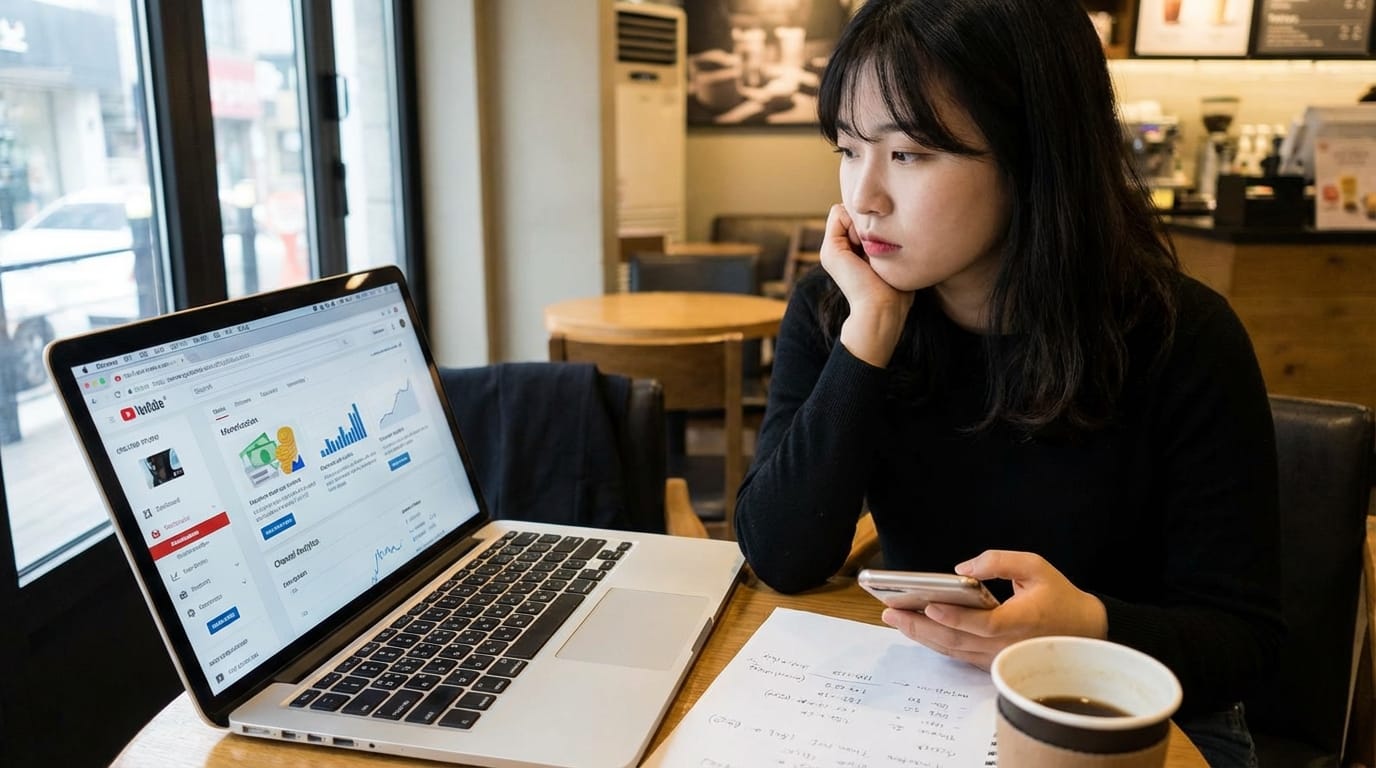 카페에서 노트북으로 유튜브 분석 화면을 보고 있는 여성, 스마트폰을 들고 있으며, 테이블 위에는 메모가 적힌 종이와 커피 컵이 놓여 있음.