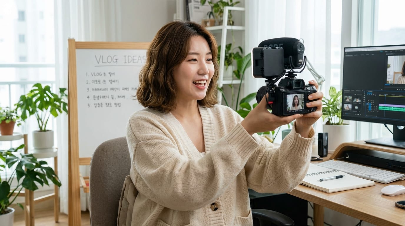 집에서 브이로그를 촬영하는 여성, 카메라를 들고 웃고 있으며, 배경에는 브이로그 아이디어가 적힌 화이트보드와 식물이 있는 아늑한 작업 공간이 보임.