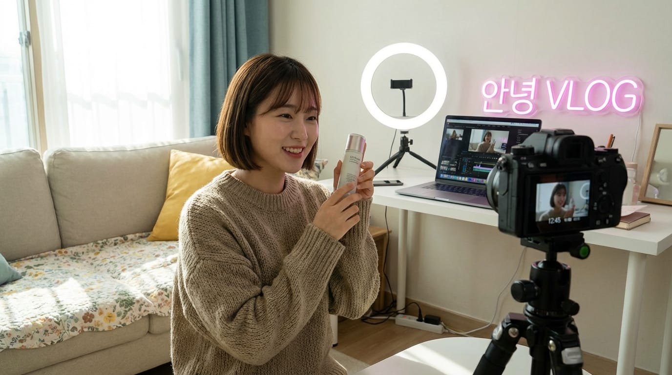 뷰티 제품을 소개하는 블로거가 카메라를 향해 웃으며 제품을 들고 있는 모습. 배경에는 편안한 거실과 편집 중인 노트북, 조명 링이 보임.