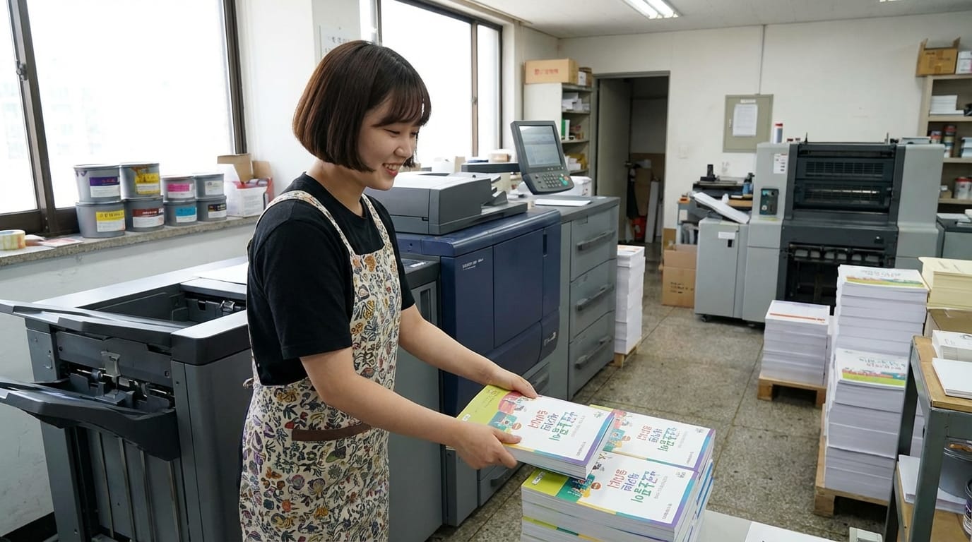 인쇄소에서 책을 정리하는 여성의 모습. 다양한 인쇄 기계와 재료가 있는 작업 공간에서 책을 들고 미소짓고 있다.