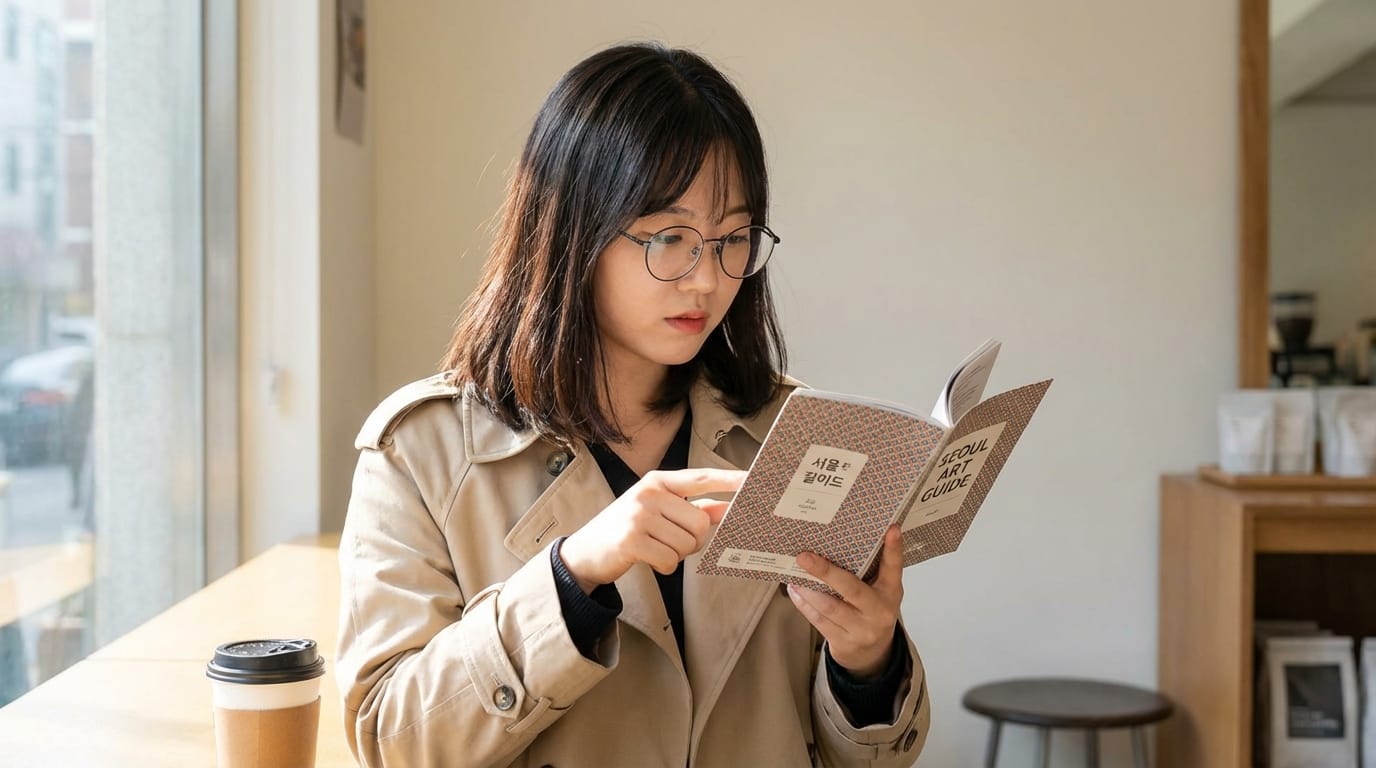 카페에서 책을 읽고 있는 여성. 그녀는 베이지색 트렌치코트를 입고 있으며, 두꺼운 안경을 쓰고 있다. 테이블 위에는 커피컵이 놓여 있고, 배경에는 밝은 실내 공간이 보인다. 책 제목은 '서울 아트 가이드'이다.