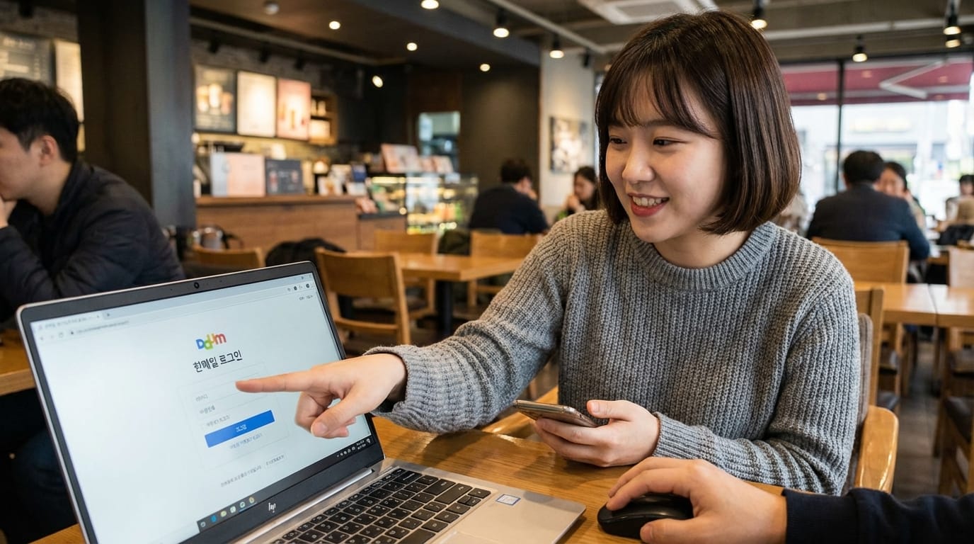 카페에서 노트북을 사용하여 로그인 화면을 보여주는 여성, 스마트폰을 들고 있으며 다른 사람과 대화 중인 모습.