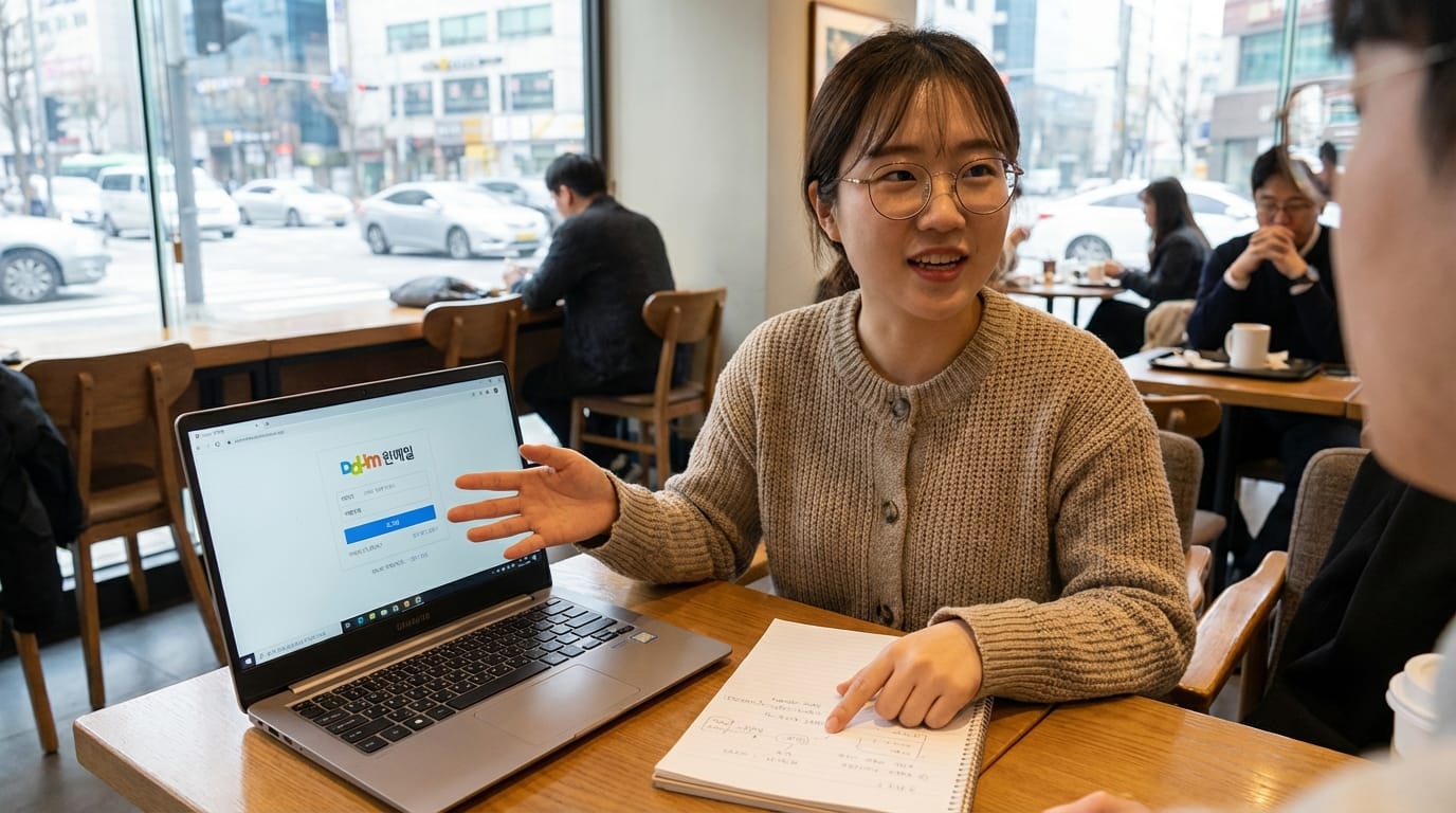 카페에서 노트북을 사용하며 대화하는 젊은 여성, 화면에는 다음(Daum) 로그인 페이지가 보임.