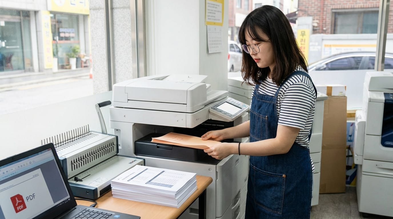 복사기를 조작하는 여성, 사무실 환경에서 문서를 준비하고 있는 모습. 컴퓨터 화면에는 PDF 파일 아이콘이 보이며, 책상 위에는 인쇄된 문서와 제본 기계가 있다.