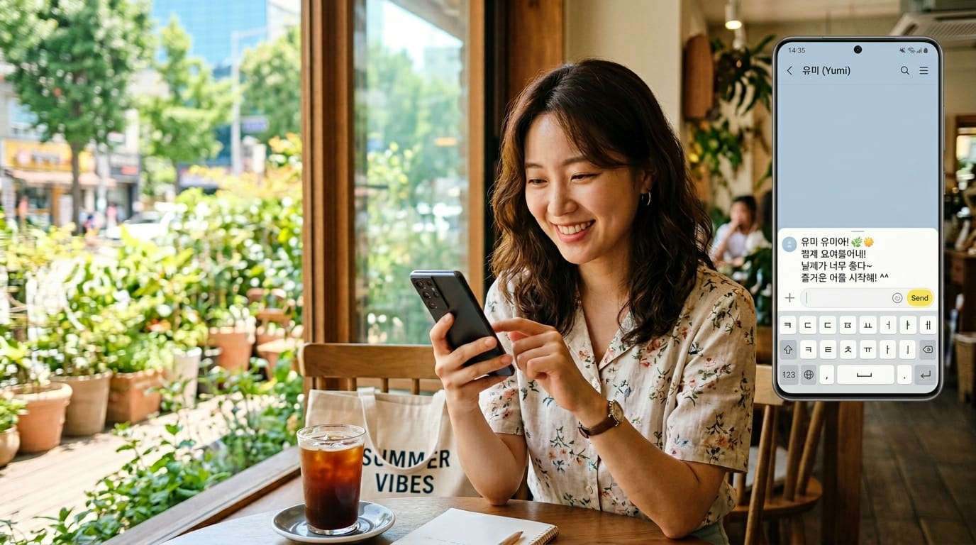 카페에서 스마트폰을 사용하며 미소 짓는 여성, 아이스 커피와 여름 분위기의 식물들이 있는 테이블, 메시지 앱 화면이 보임.