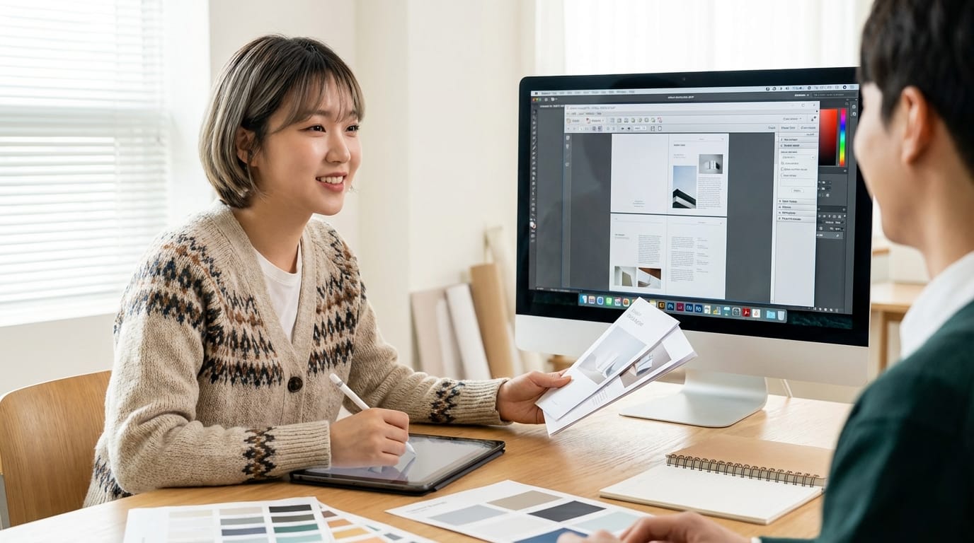 디자인 회의 중인 젊은 여성과 남성이 서로의 작업을 논의하며 컴퓨터 화면을 바라보고 있는 모습. 여성은 태블릿에 메모를 하며 색상 샘플과 인쇄물을 보여주고 있다.