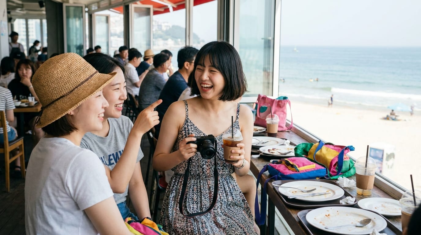 해변가 레스토랑에서 즐거운 시간을 보내는 세 명의 친구들. 한 친구는 카메라를 들고 있고, 다른 친구들은 웃으며 대화하고 있다. 테이블에는 빈 접시와 음료가 놓여 있다. 배경에는 해변과 바다가 보인다.