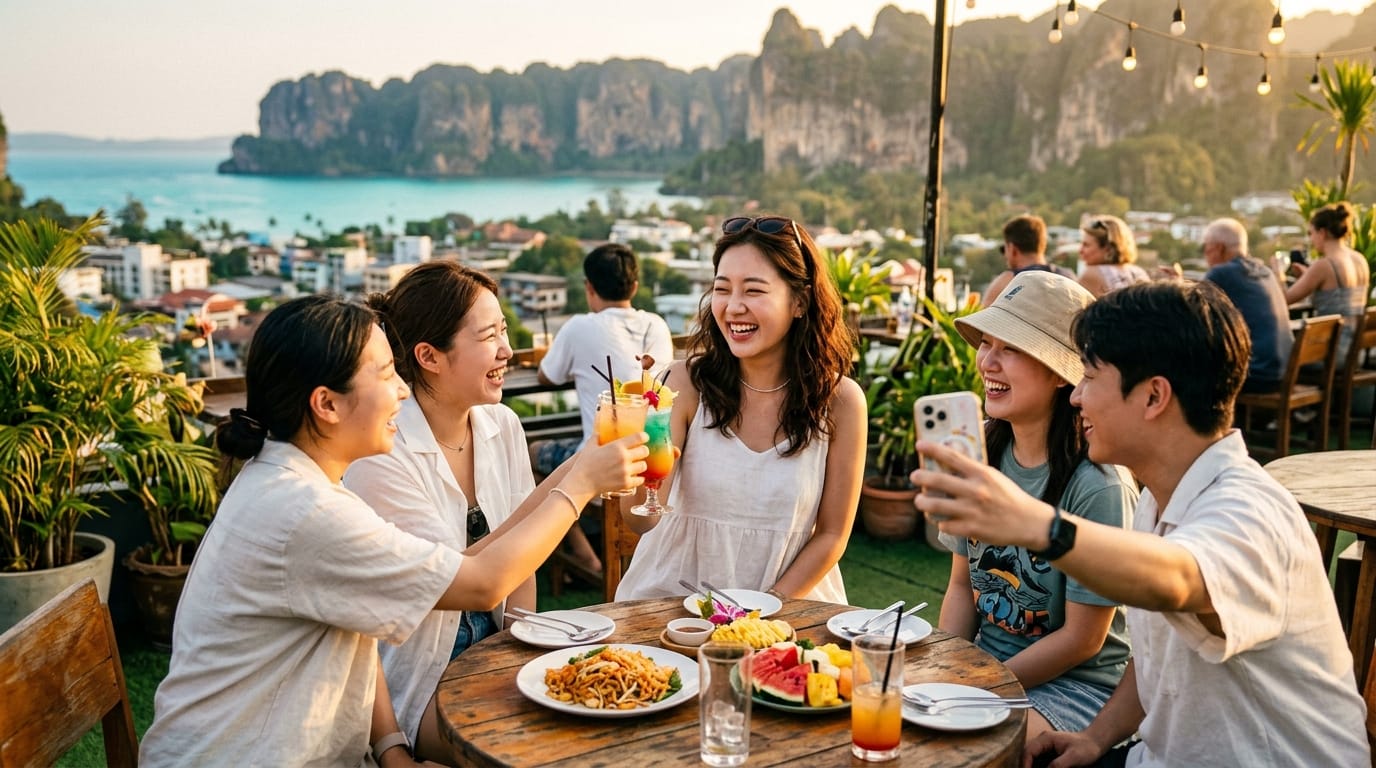친구들과 함께하는 야외 식사, 아름다운 경치를 배경으로 즐거운 분위기 속에서 칵테일을 건배하고 있는 모습. 테이블 위에는 다양한 음식과 음료가 놓여 있으며, 해질녘의 따뜻한 햇살 아래에서 행복한 시간을 보내고 있는 장면.