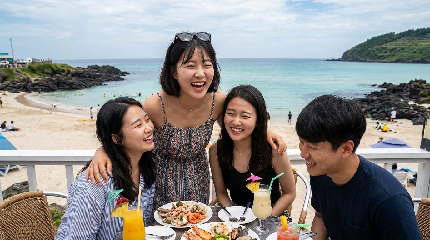 해변가에서 친구들과 함께 해산물 요리와 음료를 즐기며 웃고 있는 젊은 여성들. 제주도의 아름다운 풍경이 배경으로 보인다.