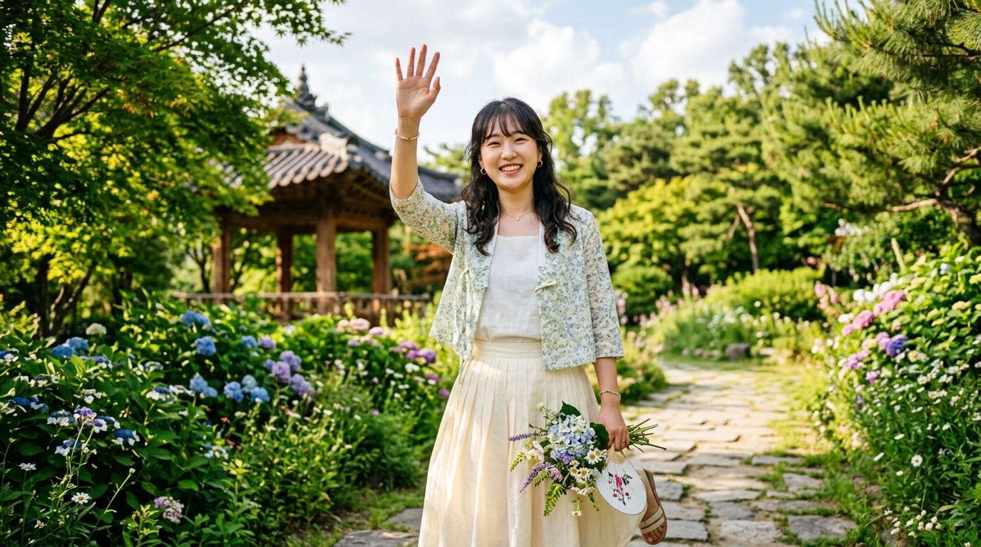 꽃이 만발한 정원에서 인사하는 여성의 모습, 화사한 의상을 입고 꽃다발을 들고 있는 모습. 배경에는 전통 한옥과 푸른 나무들이 어우러져 있음.