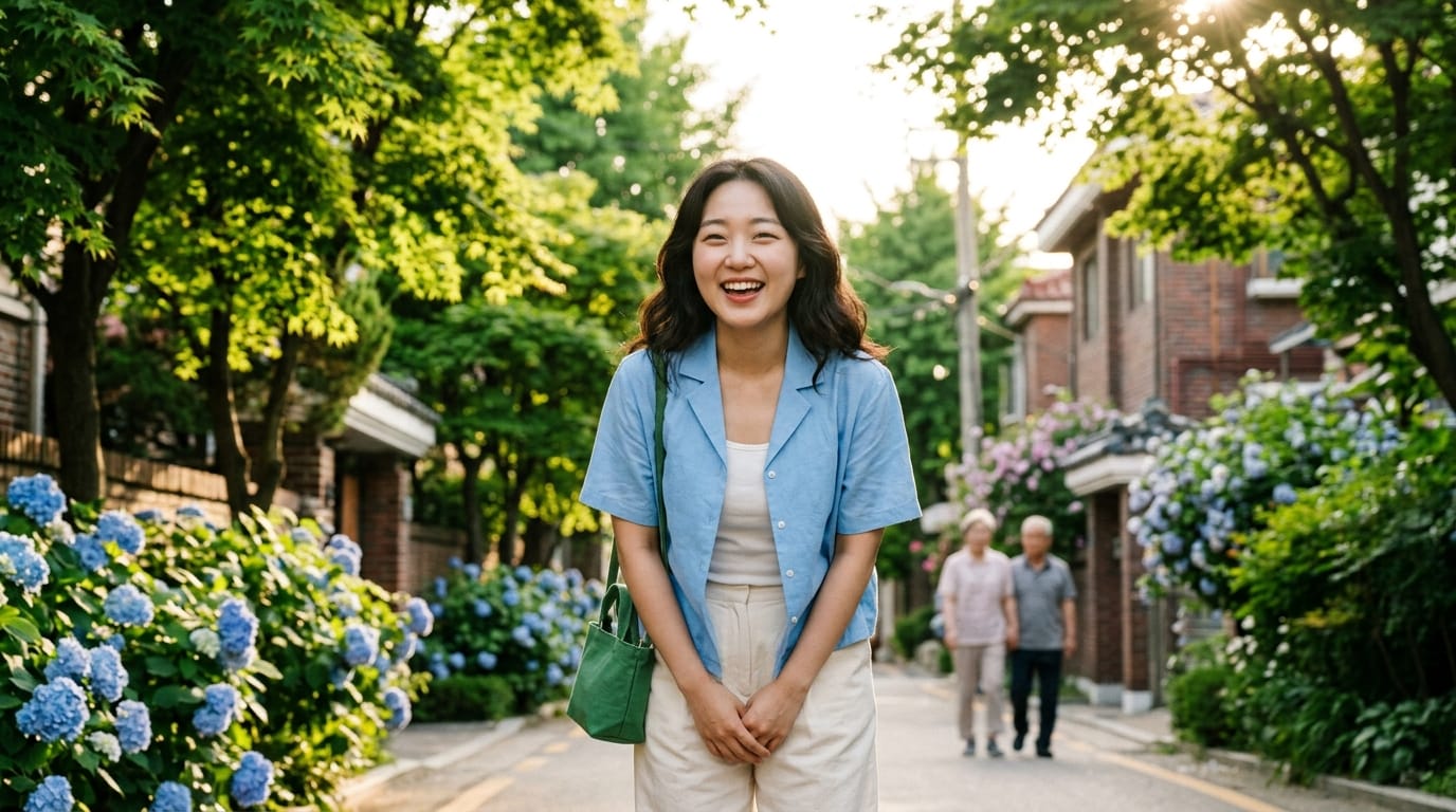 행복하게 웃고 있는 여성, 푸른 하늘 아래 수국이 만개한 거리에서 촬영된 모습. 배경에는 나무와 벽돌 집들이 보이며, 두 명의 노인이 산책하는 모습이 담겨 있습니다.