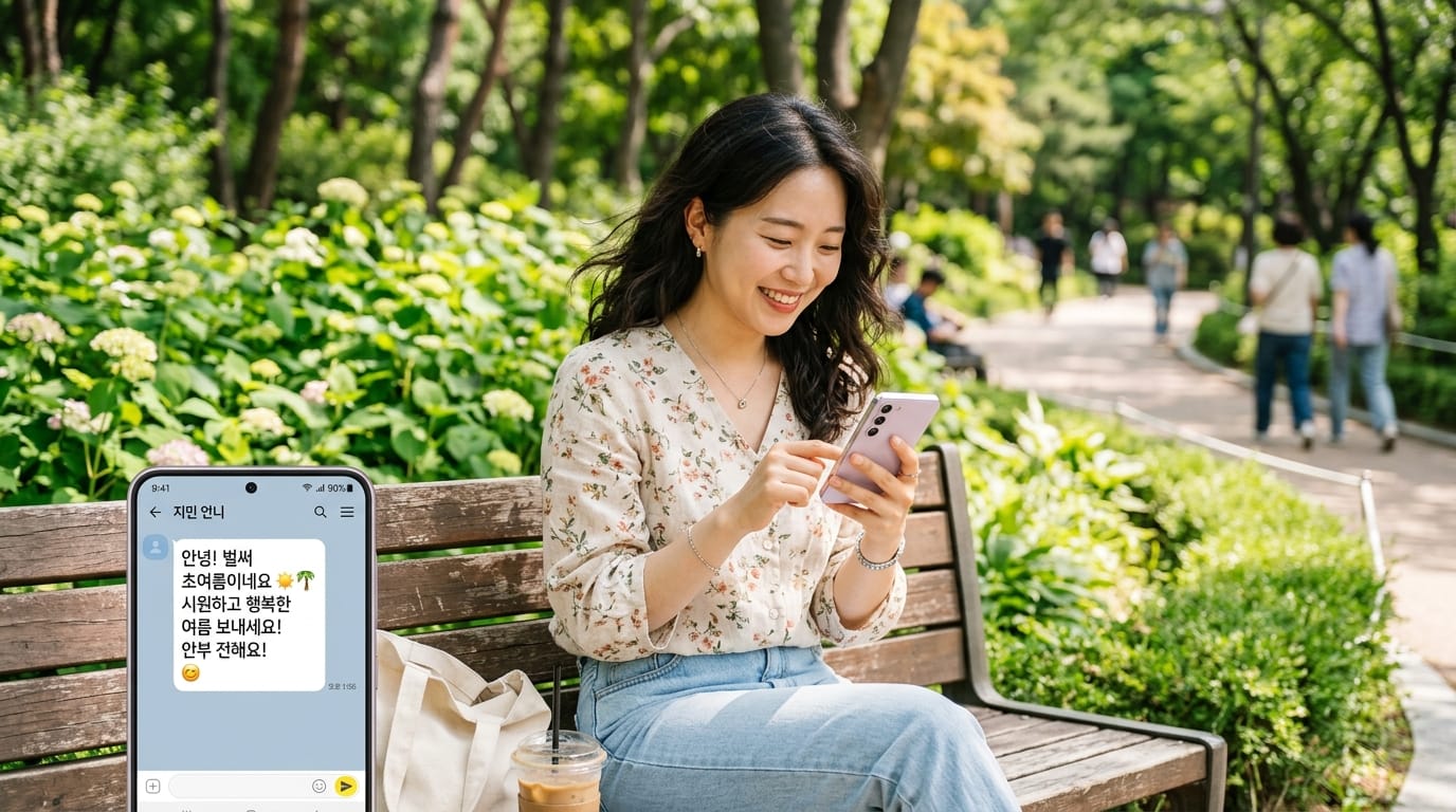 공원에서 스마트폰을 사용하며 미소 짓는 여성, 여름의 화창한 날씨 속에서 친구와 소통하는 모습. 배경에는 푸른 식물과 사람들이 산책하는 모습이 보임.