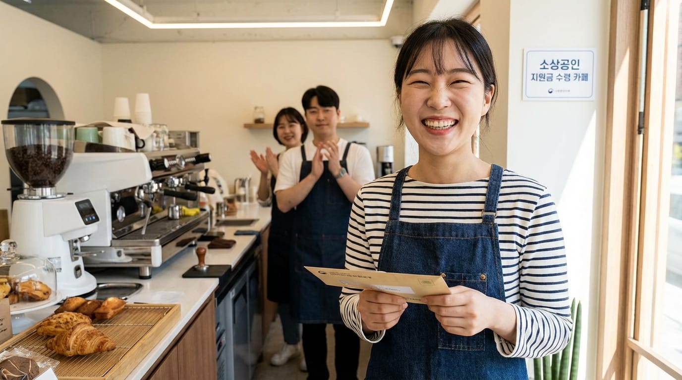 카페에서 웃고 있는 여성 직원과 함께 있는 두 명의 바리스타. 배경에는 커피 머신과 다양한 커피 용품이 배치되어 있으며, 신선한 패스트리도 보인다.
