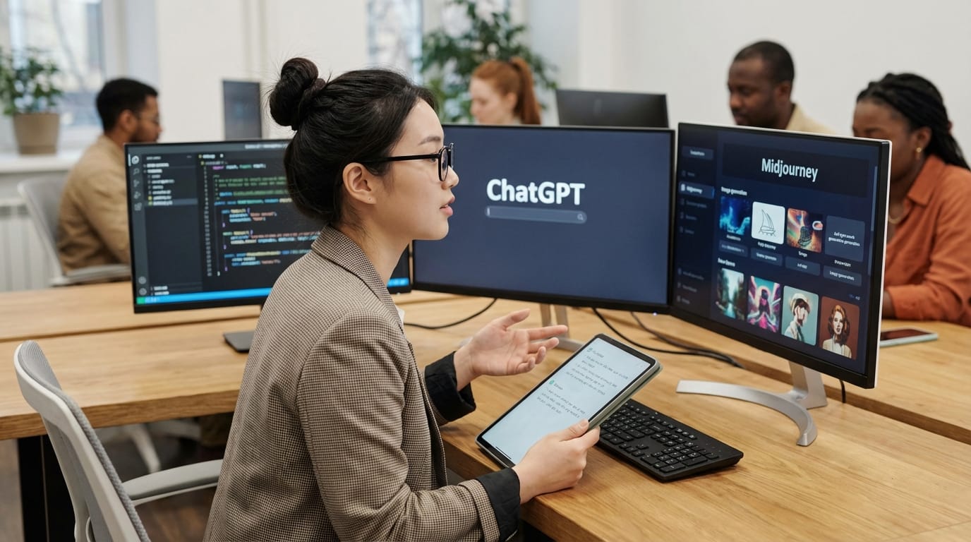 사무실에서 ChatGPT와 Midjourney를 사용하는 여성, 태블릿을 들고 토론 중인 모습. 배경에는 다른 사람들과 컴퓨터 화면이 보임.