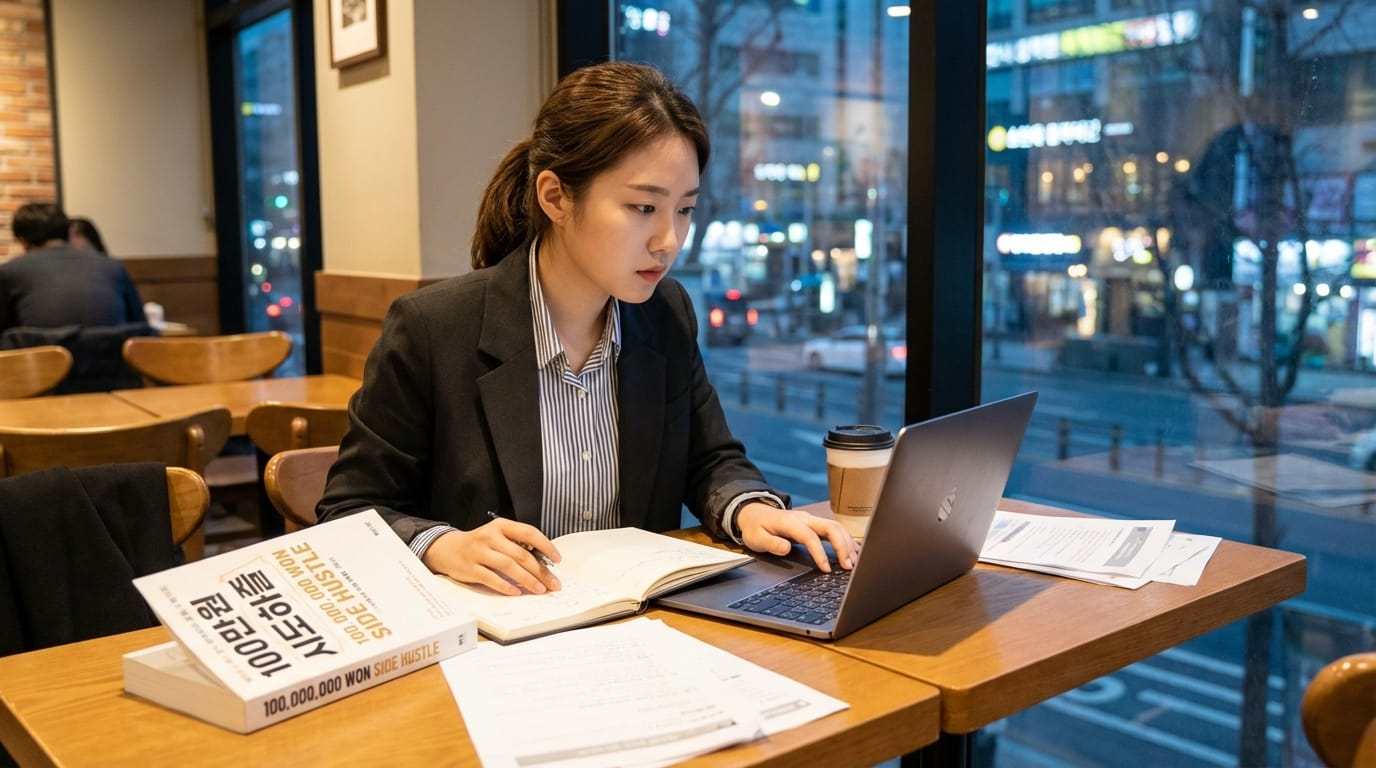 카페에서 노트북으로 작업 중인 여성, 테이블 위에는 노트와 책, 커피 컵이 놓여 있음. 배경에는 도시 풍경이 보임.