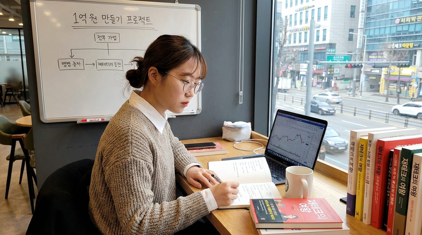 카페에서 공부하는 여성, 노트에 필기하며 노트북 화면의 차트 분석 중. 배경에는 화이트보드와 다양한 책들이 보임.