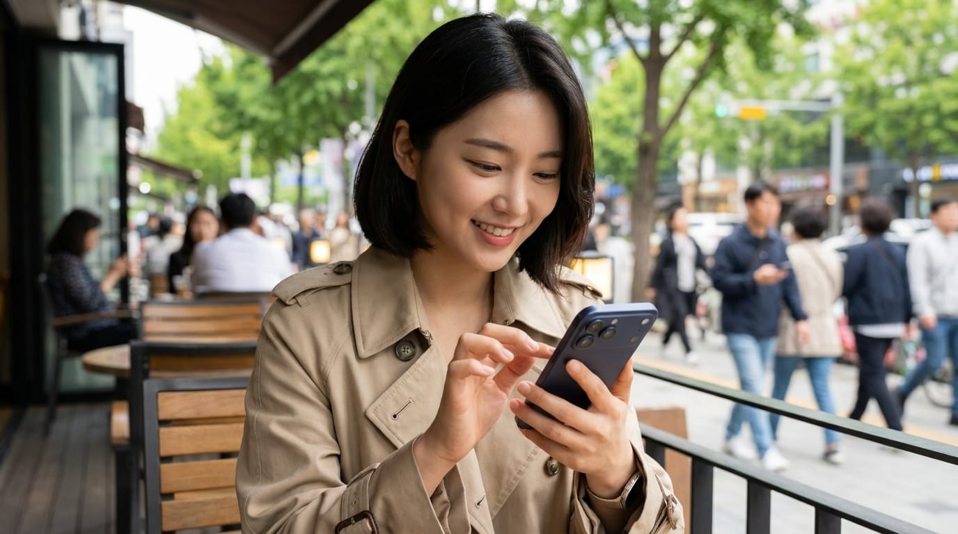 카페 테라스에서 스마트폰을 사용하며 미소 짓고 있는 젊은 여성, 배경에는 사람들로 붐비는 거리와 나무가 보임.