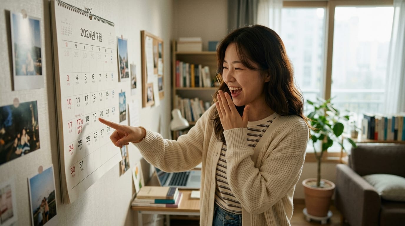 2024년 7월 달력을 가리키며 기뻐하는 여성의 모습, 아늑한 실내에서 책과 식물이 배경에 있는 장면.