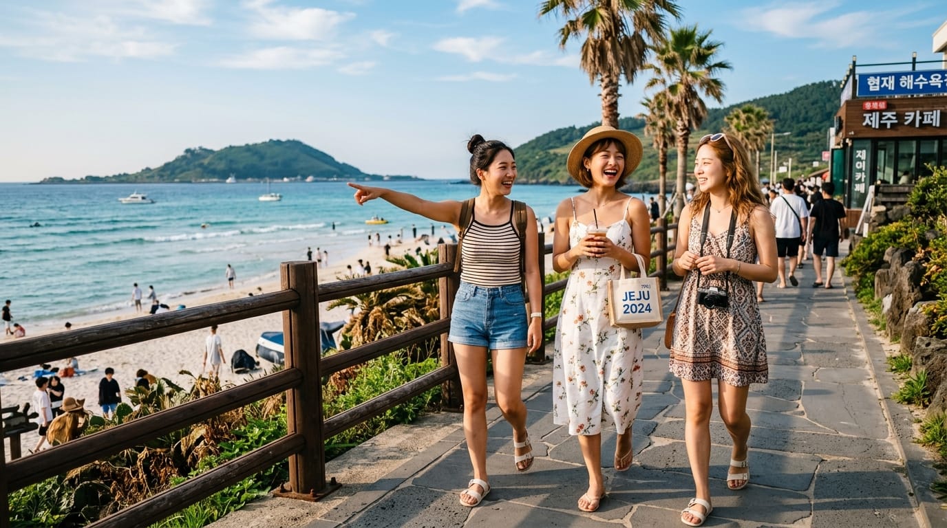 제주 해변에서 친구들과 함께 걷고 있는 세 명의 여성, 아름다운 바다와 푸른 하늘 배경, 여름 여행 분위기.