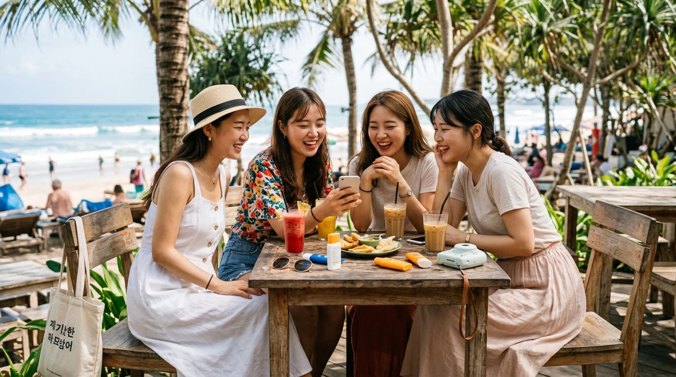 해변에서 음료를 마시며 스마트폰을 보고 있는 네 명의 친구들. 테이블 위에는 간단한 스낵과 다양한 음료가 놓여 있으며, 주변에는 열대 식물이 자생하고 있다.