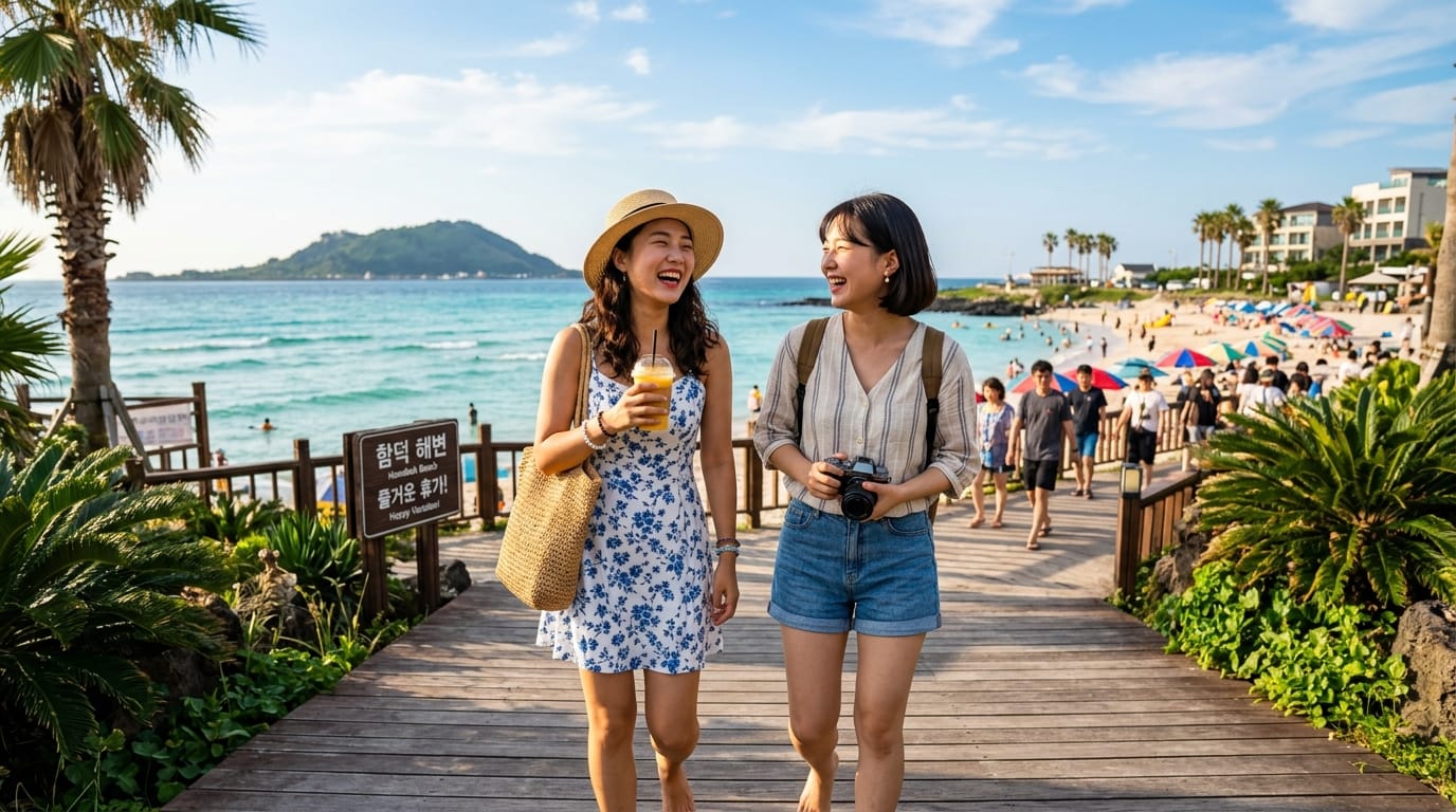 해변을 걷고 있는 두 친구가 웃으며 즐거운 시간을 보내고 있는 모습. 한 친구는 아이스 음료를 들고 있고, 다른 친구는 카메라를 들고 있음. 배경에는 푸른 바다와 해변, 그리고 사람들이 모여 있는 모습이 보임.
