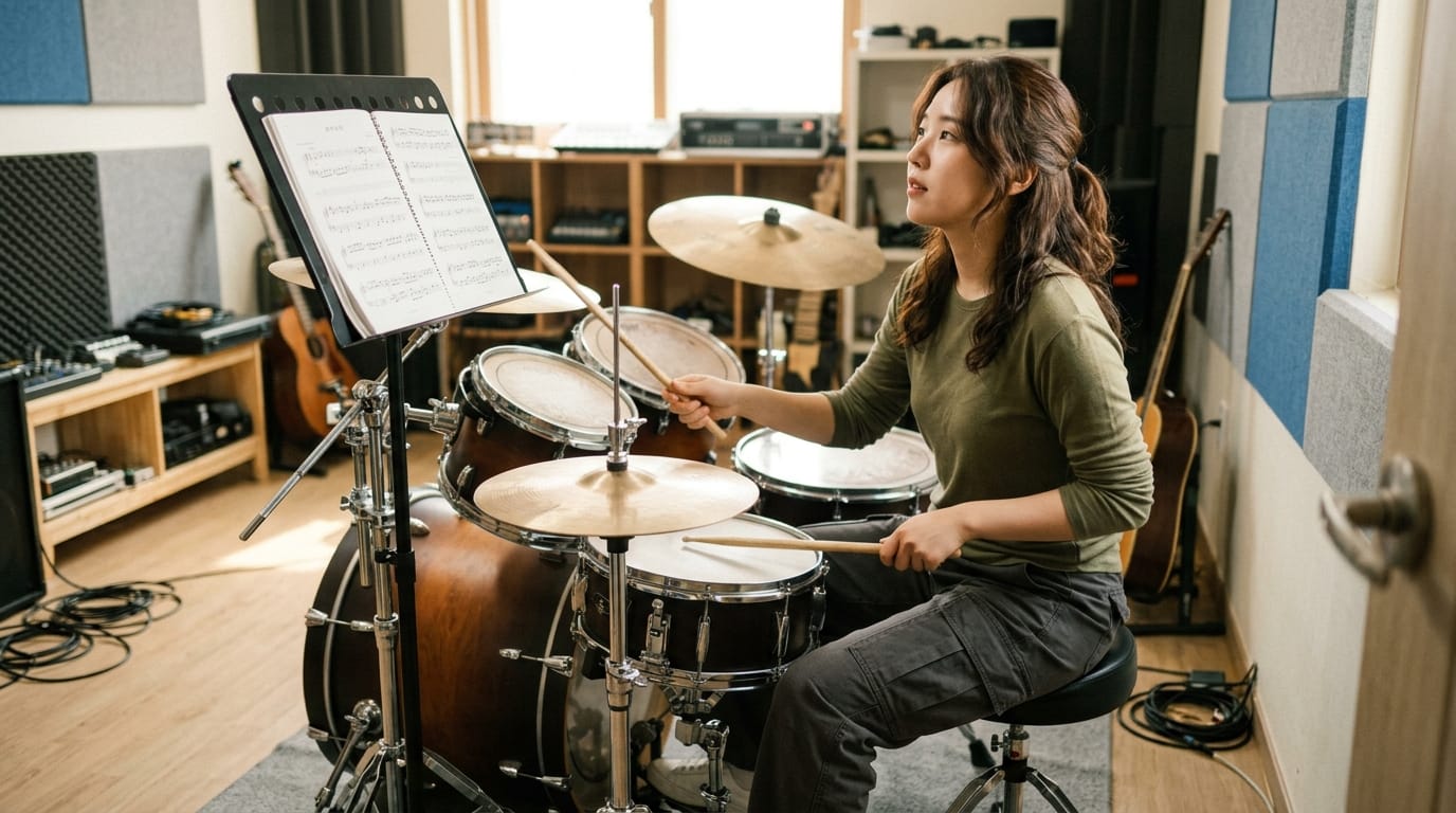 드럼을 치고 있는 여성 뮤지션이 악보를 보고 있는 모습. 음악 스튜디오에서 연습 중이며, 다양한 악기가 배경에 보임.