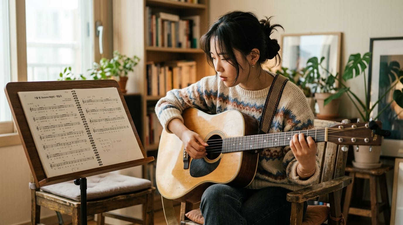 여자가 기타를 연주하며 악보를 보고 있는 모습. 아늑한 실내에서 음악에 몰두하는 장면으로, 배경에는 식물과 책장이 보임.