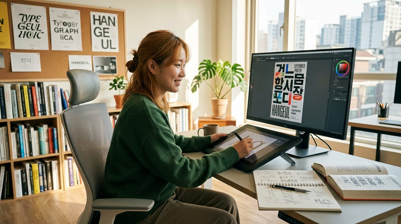 디지털 디자인 작업 중인 여성, 한글 포스터 디자인을 위한 그래픽 태블릿 사용, 현대적인 사무실 배경, 책과 노트가 있는 책상.
