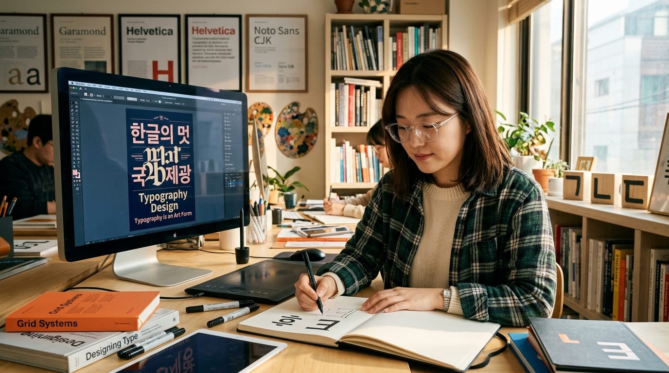 타이포그래피 디자인 작업 중인 여성 디자이너가 컴퓨터 화면에서 한글 디자인을 보고 있으며, 책상 위에는 디자인 관련 자료와 도구들이 놓여 있습니다. 배경에는 다양한 서적과 타이포그래피 포스터가 보입니다.