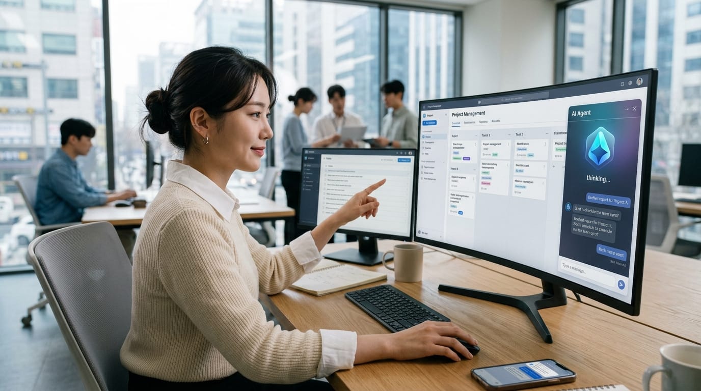 사무실에서 프로젝트 관리 소프트웨어를 사용하고 있는 여성. 두 대의 모니터에 프로젝트 진행 상황과 AI 에이전트 인터페이스가 표시되어 있음. 배경에는 동료들이 회의 중인 모습이 보임.