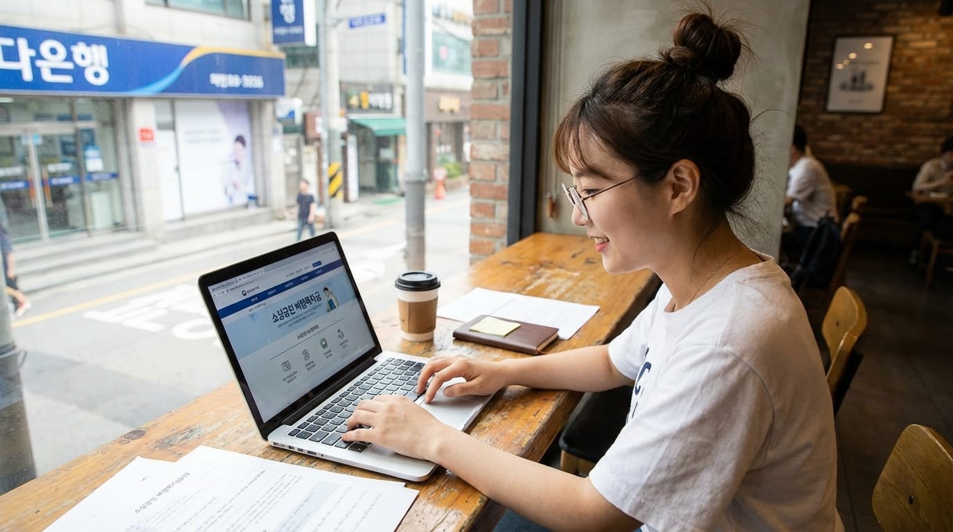 카페에서 노트북으로 작업하는 여성, 화면에는 웹사이트가 보이며, 커피와 메모지가 함께 놓여 있음.