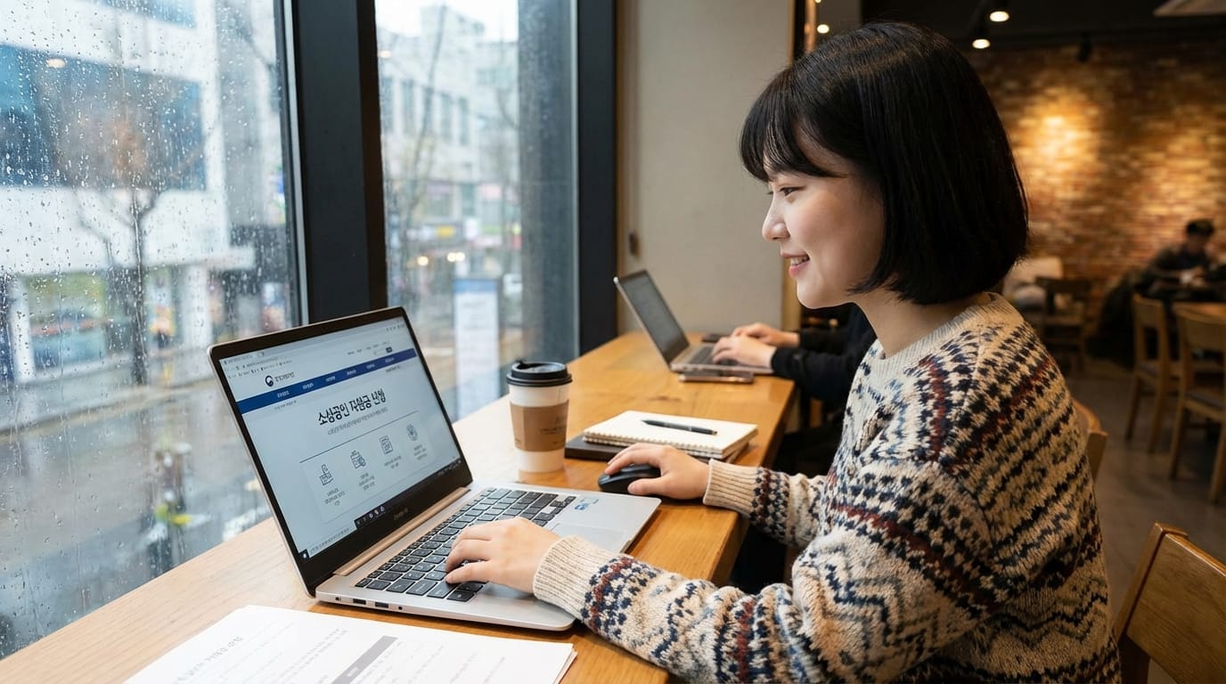 카페에서 노트북으로 작업하는 젊은 여성, 빗방울이 맺힌 창문 너머로 도시 풍경이 보임. 테이블 위에는 커피 컵과 노트가 놓여 있음.