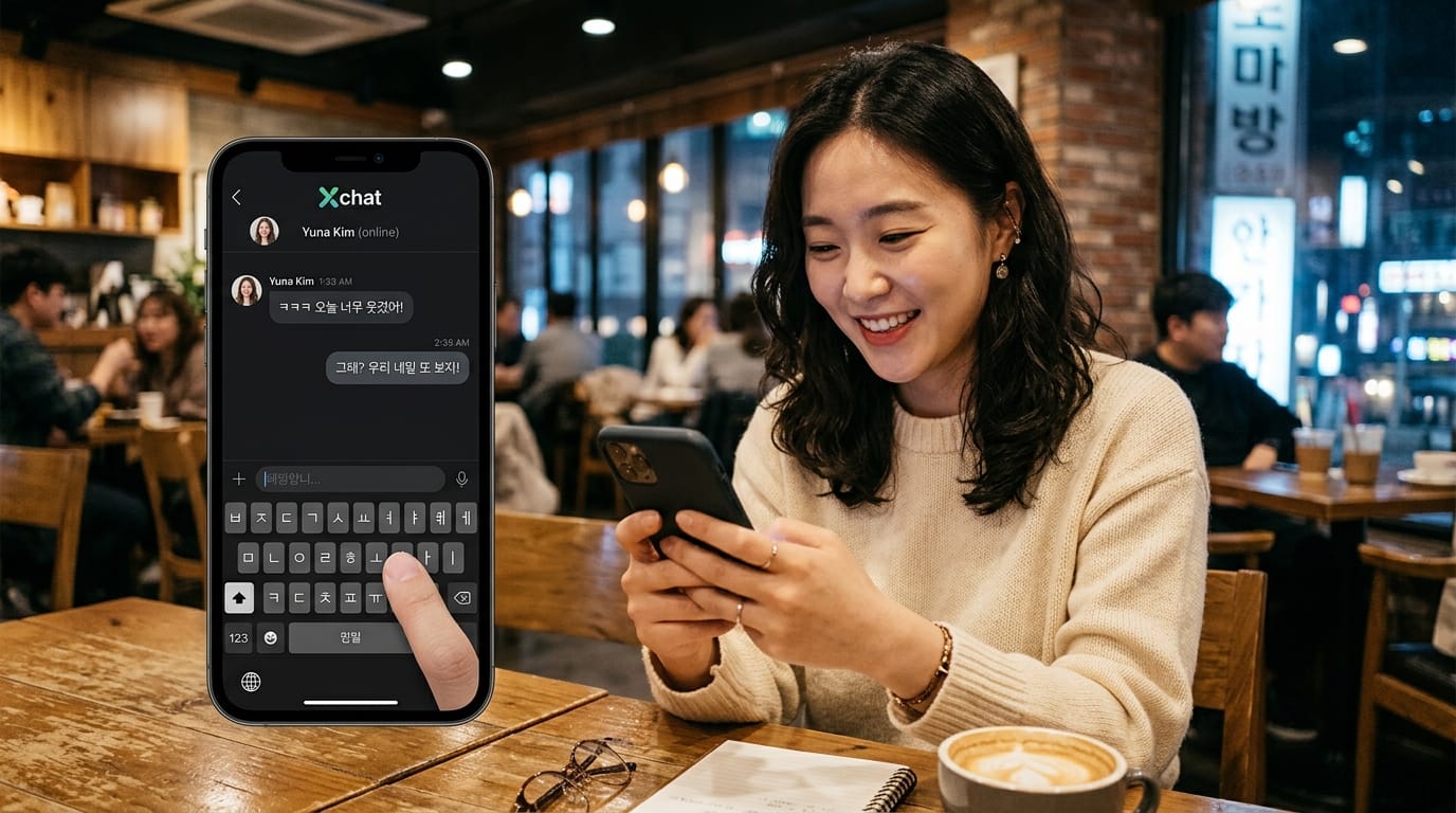 카페에서 스마트폰으로 친구와 채팅하는 여성의 모습, 화면에는 메시지가 표시되어 있으며, 주변에는 다른 손님들이 앉아 있는 모습.