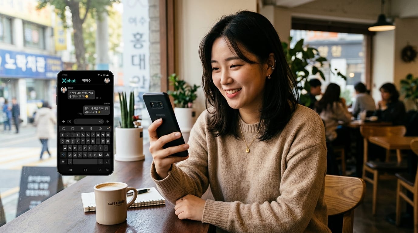 카페에서 스마트폰으로 메시지를 확인하며 미소 짓고 있는 여성의 모습. 화면에는 Xchat 앱의 대화 내용이 보이며, 배경에는 다른 손님들이 있는 아늑한 카페 환경이 담겨 있음.