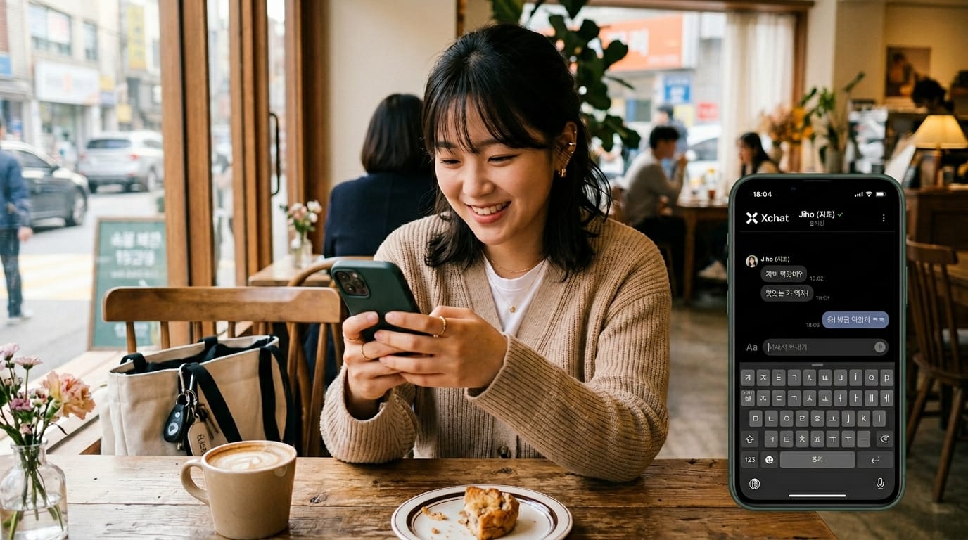 카페에서 스마트폰을 사용하며 미소 짓고 있는 여성의 모습. 테이블 위에는 커피와 빵 조각이 놓여 있고, 배경에는 다른 손님들이 있는 아늑한 카페 환경이 보인다.