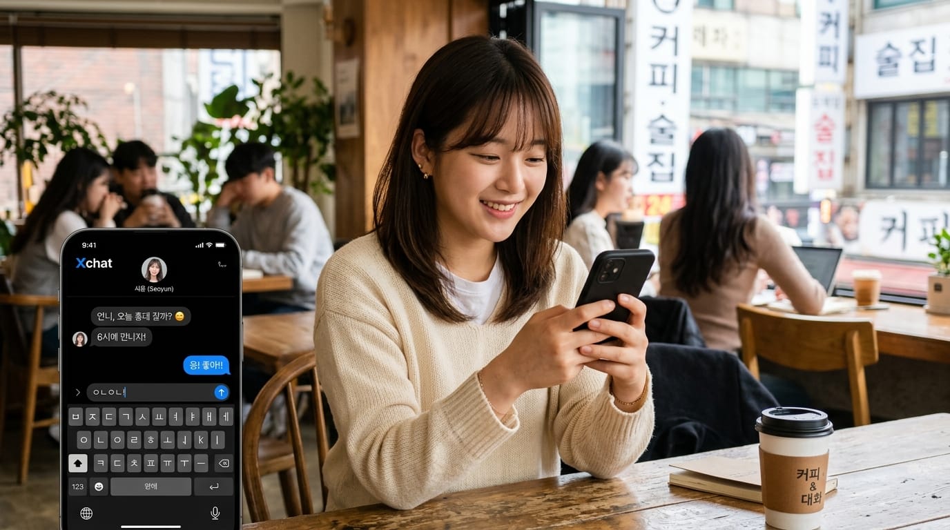 카페에서 스마트폰으로 메시지를 보내고 있는 젊은 여성. 화면에는 Xchat 앱이 열려 있으며, 친구와의 대화 내용이 보인다. 배경에는 다른 손님들이 앉아 있고, 커피와 노트가 놓여 있는 테이블이 보인다.
