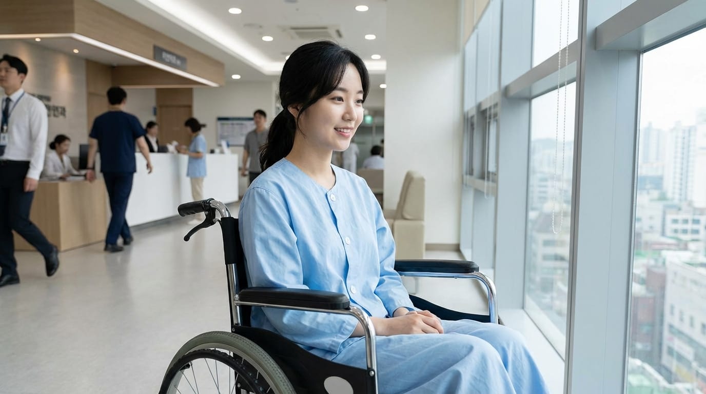 병원 복도를 휠체어에 앉아 창밖을 바라보며 미소 짓는 젊은 여성 환자와 밝고 전문적인 병원 분위기 묘사