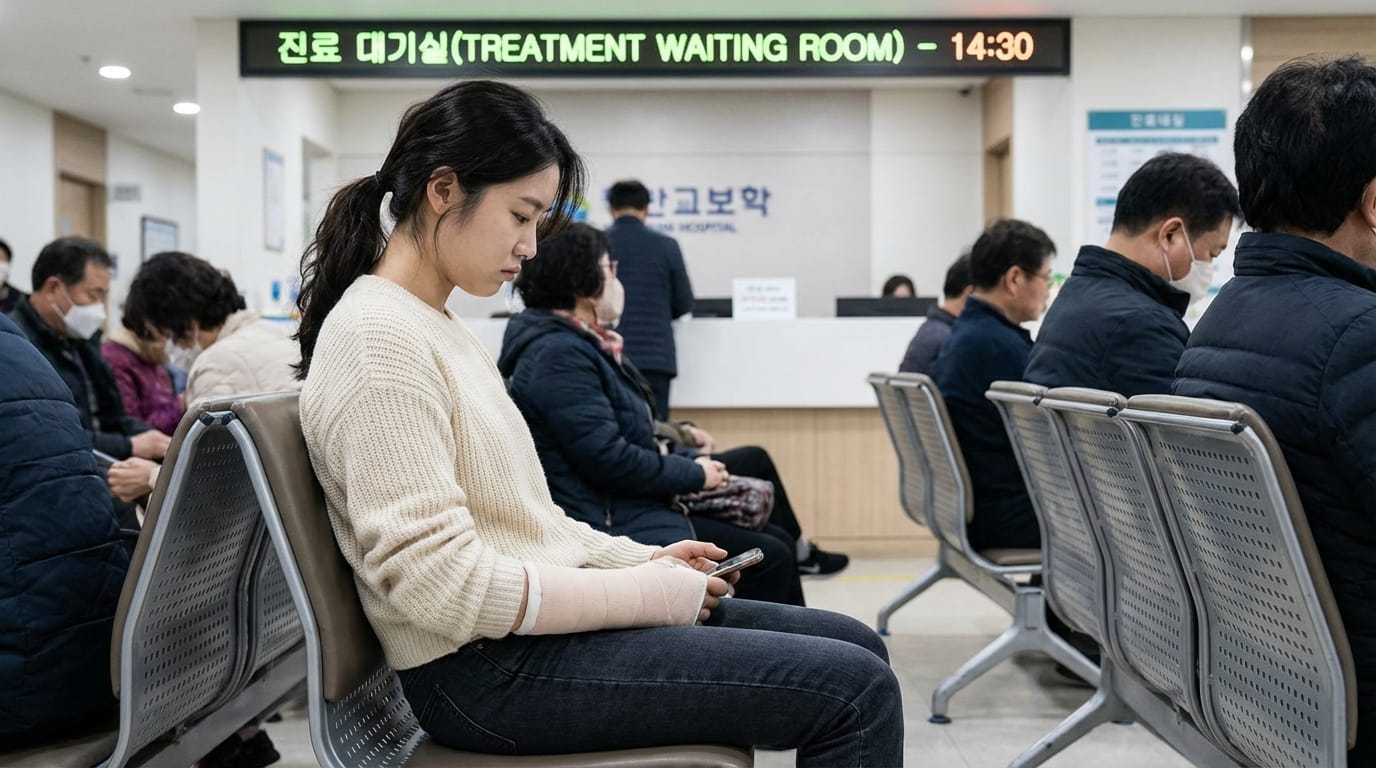 병원 진료 대기실에서 깁스를 한 여성이 스마트폰을 보고 있으며, 여러 환자들이 마스크를 쓰고 차분히 기다리고 있다.