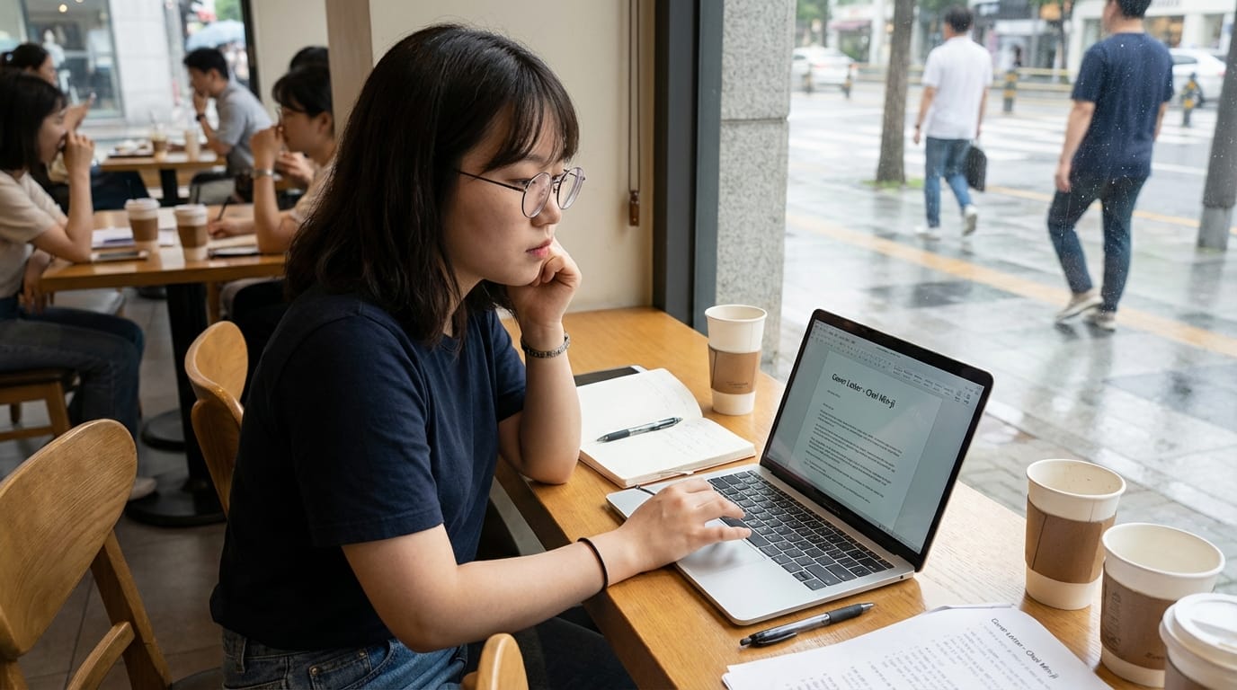 카페에서 노트북으로 작업 중인 여성, 커피 잔과 노트가 있는 테이블, 비 오는 날의 외부 풍경이 보임.