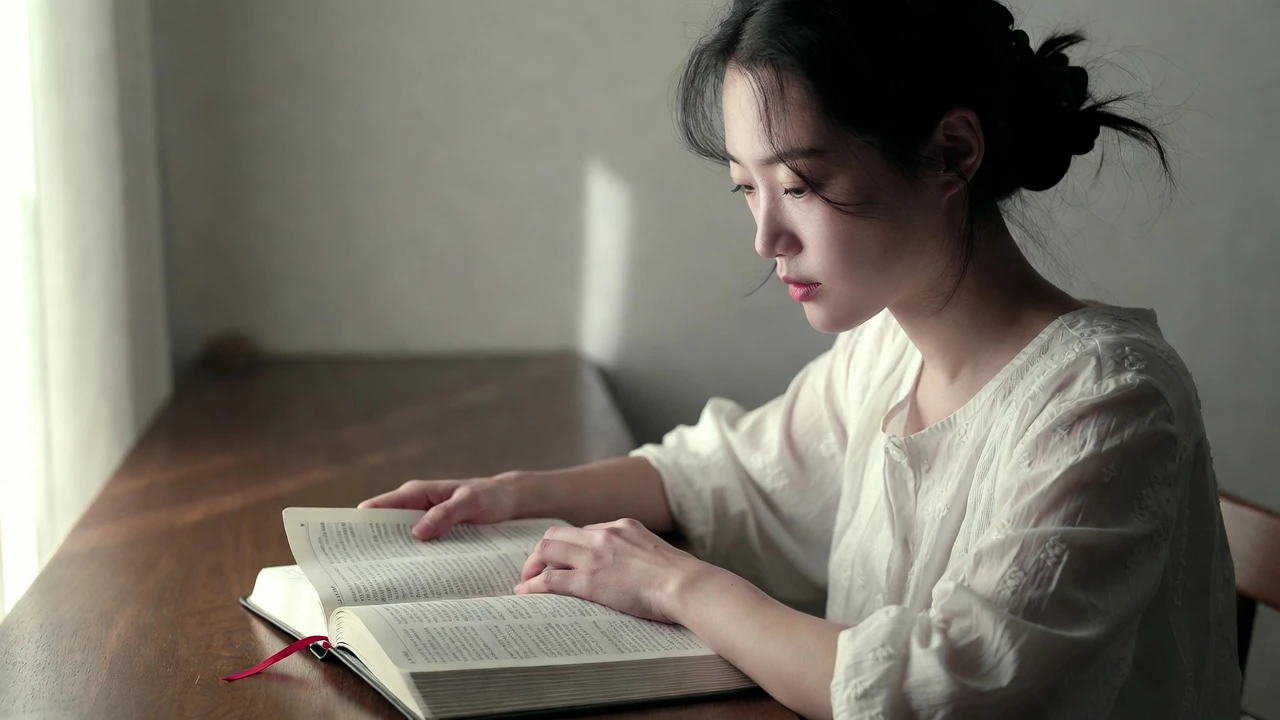 자연광이 들어오는 조용한 방에서 젊은 여성이 나무 테이블에 앉아 집중해서 책을 읽으며 공부하는 모습이 차분하게 담겨 있다.