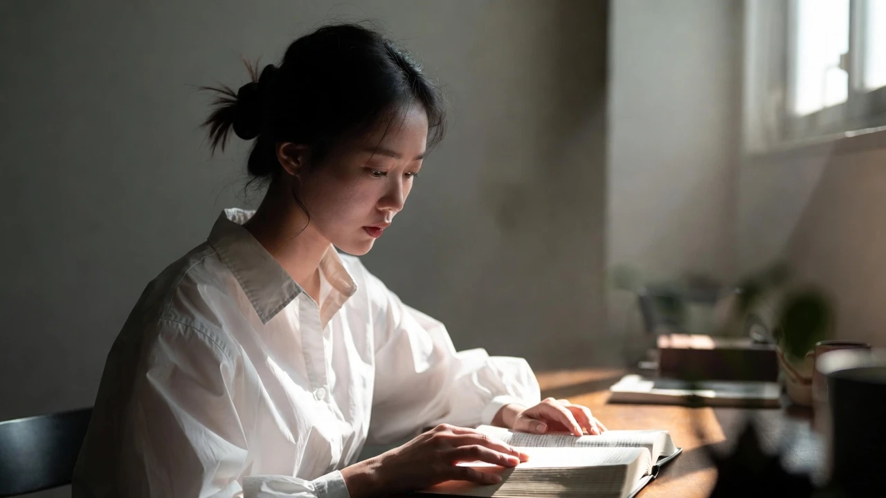 한적한 카페에서 햇살을 받으며 흰 셔츠를 입은 여성이 집중해서 책을 읽는 모습이 따뜻하게 표현되어 있다.