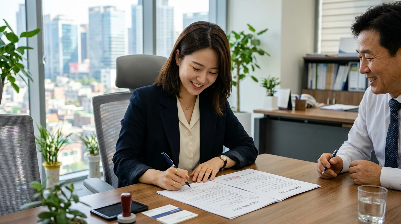 계약서 서명을 위해 밝은 미소로 펜을 들고 있는 여성과 정장 차림의 남성이 사무실에서 협의하며 비즈니스 미팅을 진행 중인 모습