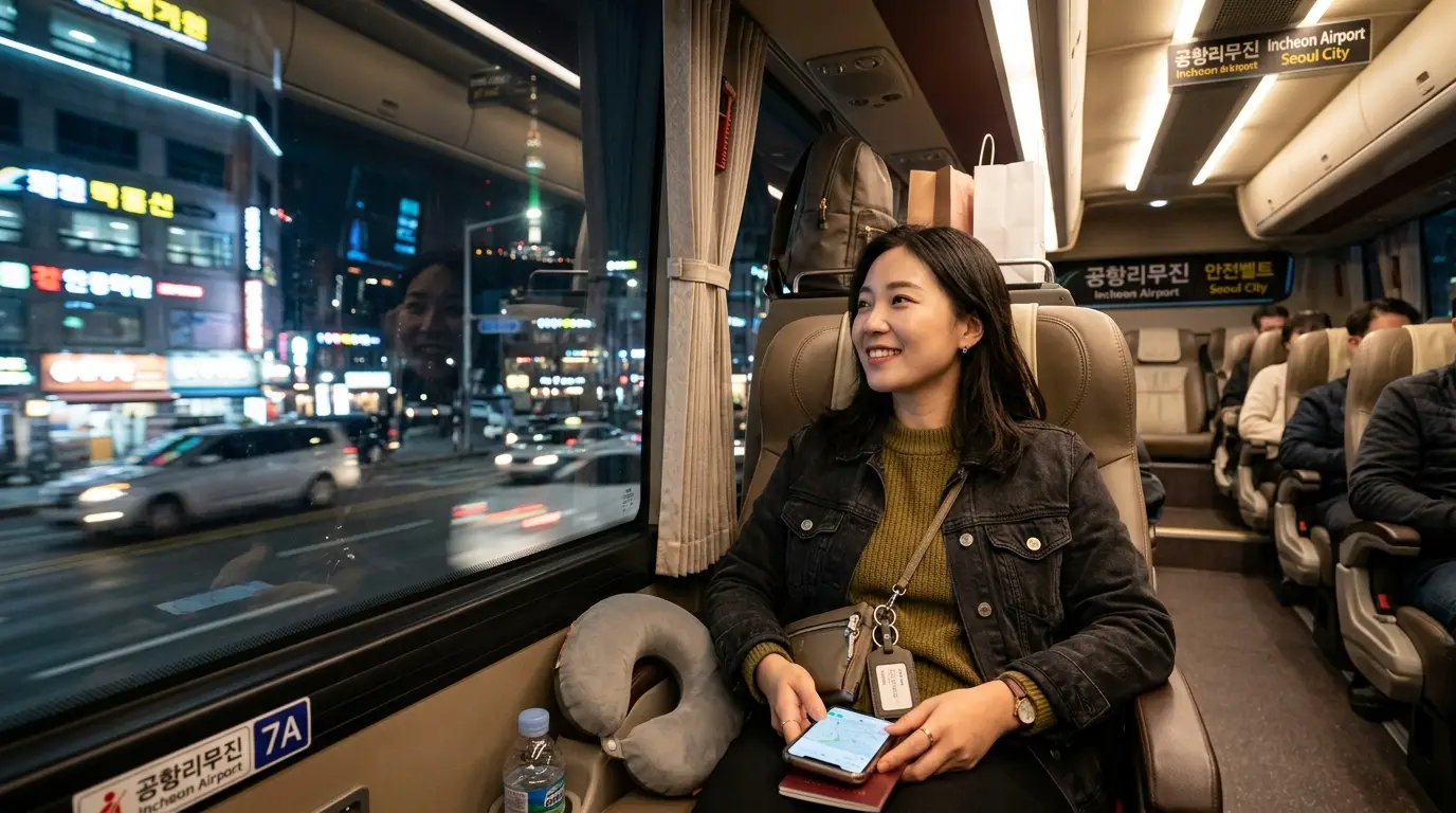 공항버스에서 창밖으로 서울 야경을 바라보며 미소 짓는 여성, 여행 가방과 스마트폰, 도심 불빛이 조화로운 저녁 풍경