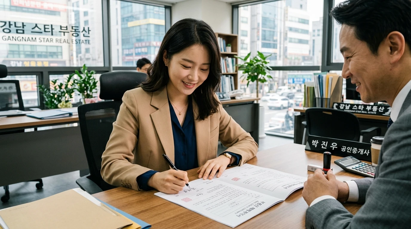 부동산 사무실에서 여성 고객이 공인중개사와 함께 아파트 매매 계약서를 작성하며 밝게 미소 짓는 모습, 강남 부동산 거래 분위기 반영