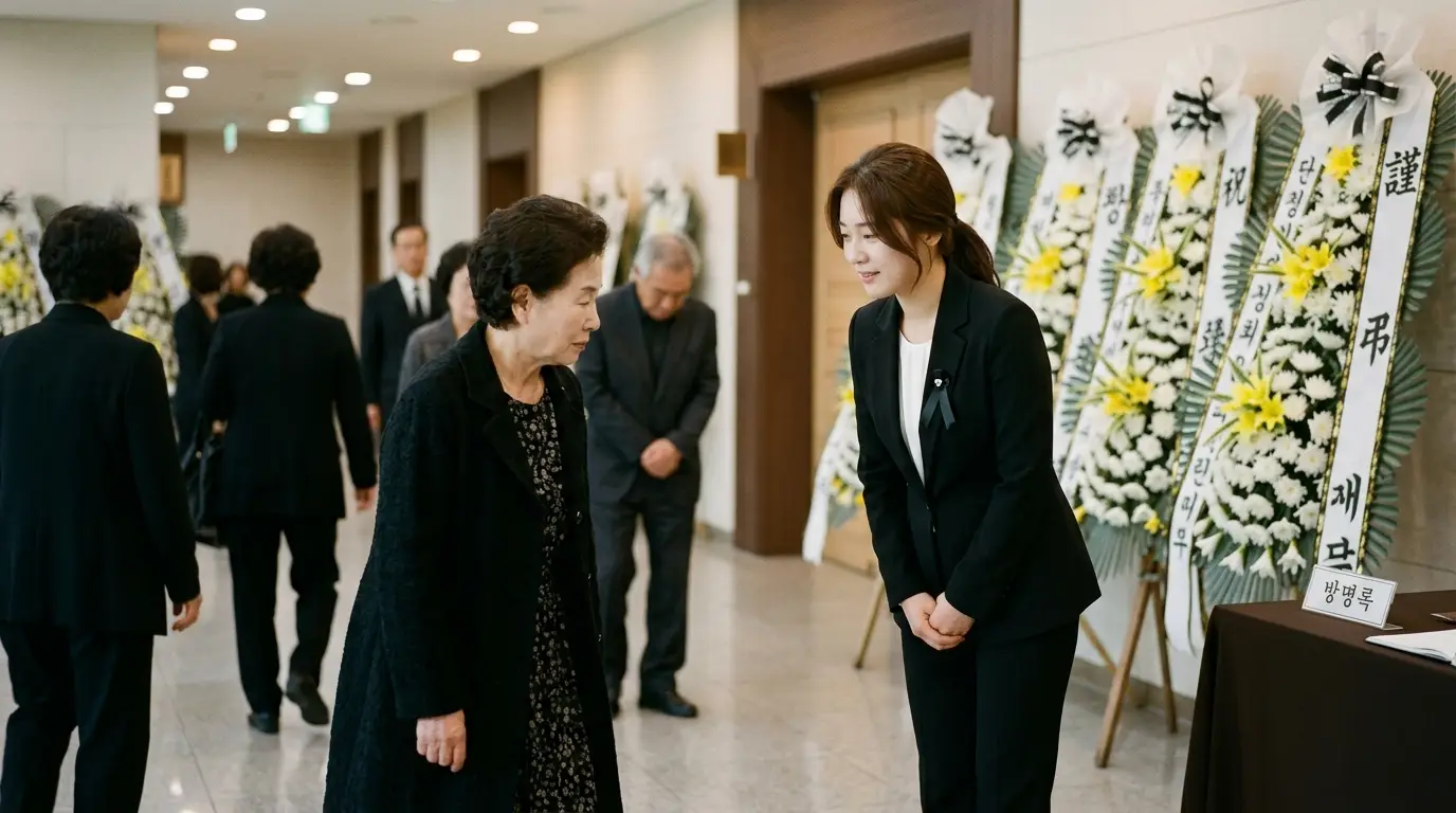 장례식장 조문객들이 검은 옷을 입고 헌화된 국화꽃과 근조화환 앞에서 예를 갖추며 인사하는 엄숙하고 차분한 분위기의 실내 모습