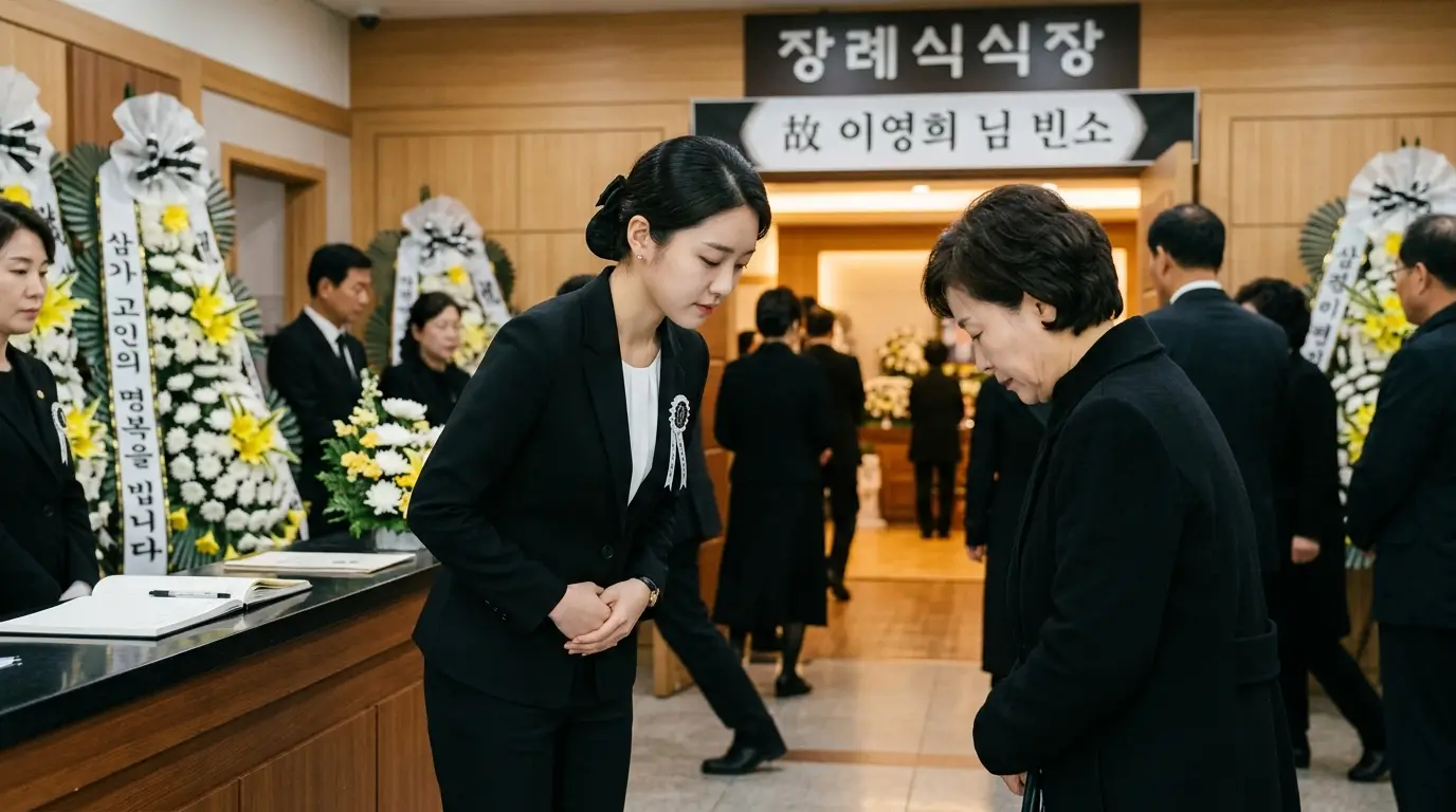 장례식장에서 검은 정장을 입은 조문객들이 고인의 명복을 빌며 조용히 인사하고 헌화하는 장면, 근조화환과 엄숙한 분위기