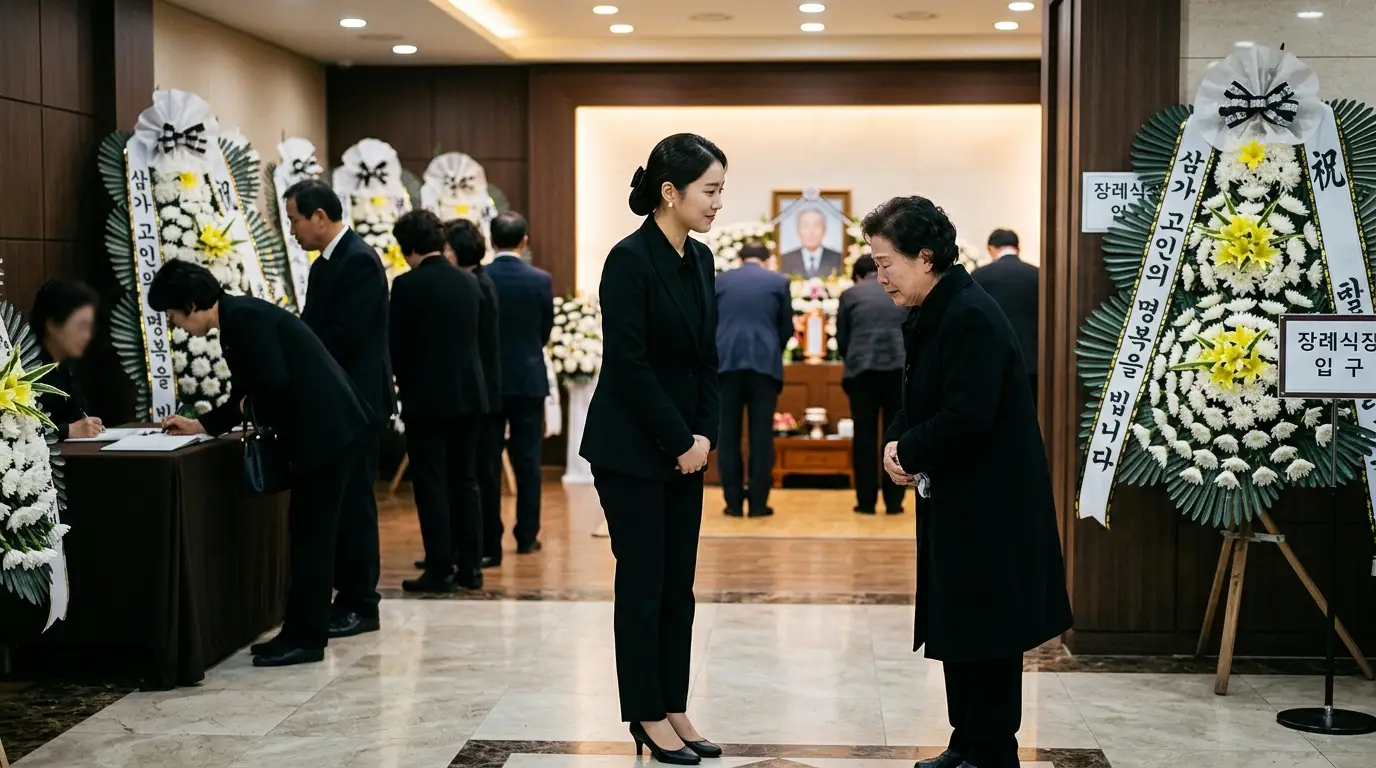 장례식장 입구에서 검은 옷을 입은 사람들이 조문하며 헌화된 국화꽃과 근조 화환이 배경에 놓여있는 엄숙한 분위기의 실내 모습