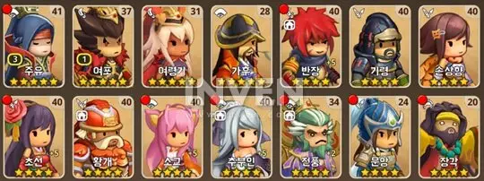 주요 키워드: 캐릭터, RPG, 영웅, 게임, 판타지 귀여운 판타지 RPG 스타일의 다양한 영웅 캐릭터들이 각각 특색 있는 복장과 무기를 들고 정렬된 모습, 캐릭터 능력치와 별 등급이 함께 표시됨.