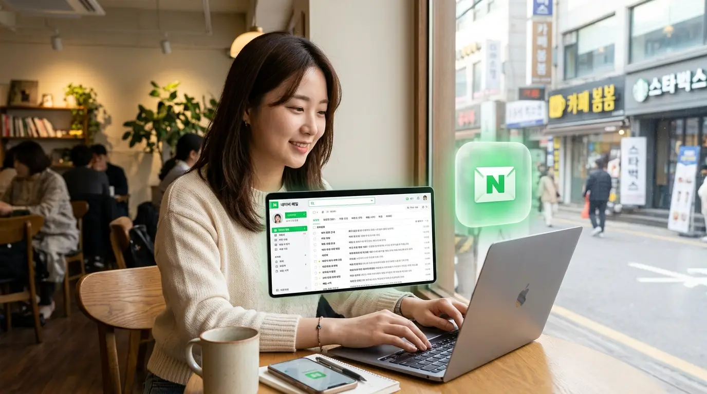카페 창가에 앉아 노트북으로 네이버 메일을 확인하는 젊은 여성, 창밖으로 도심 거리와 다양한 상점이 보이는 일상적인 풍경