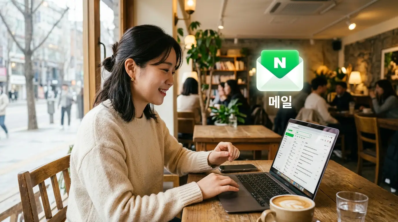 카페에서 여성 직장인이 노트북으로 네이버 메일을 확인하며 커피를 마시고 있는 따뜻하고 편안한 분위기의 업무 장면